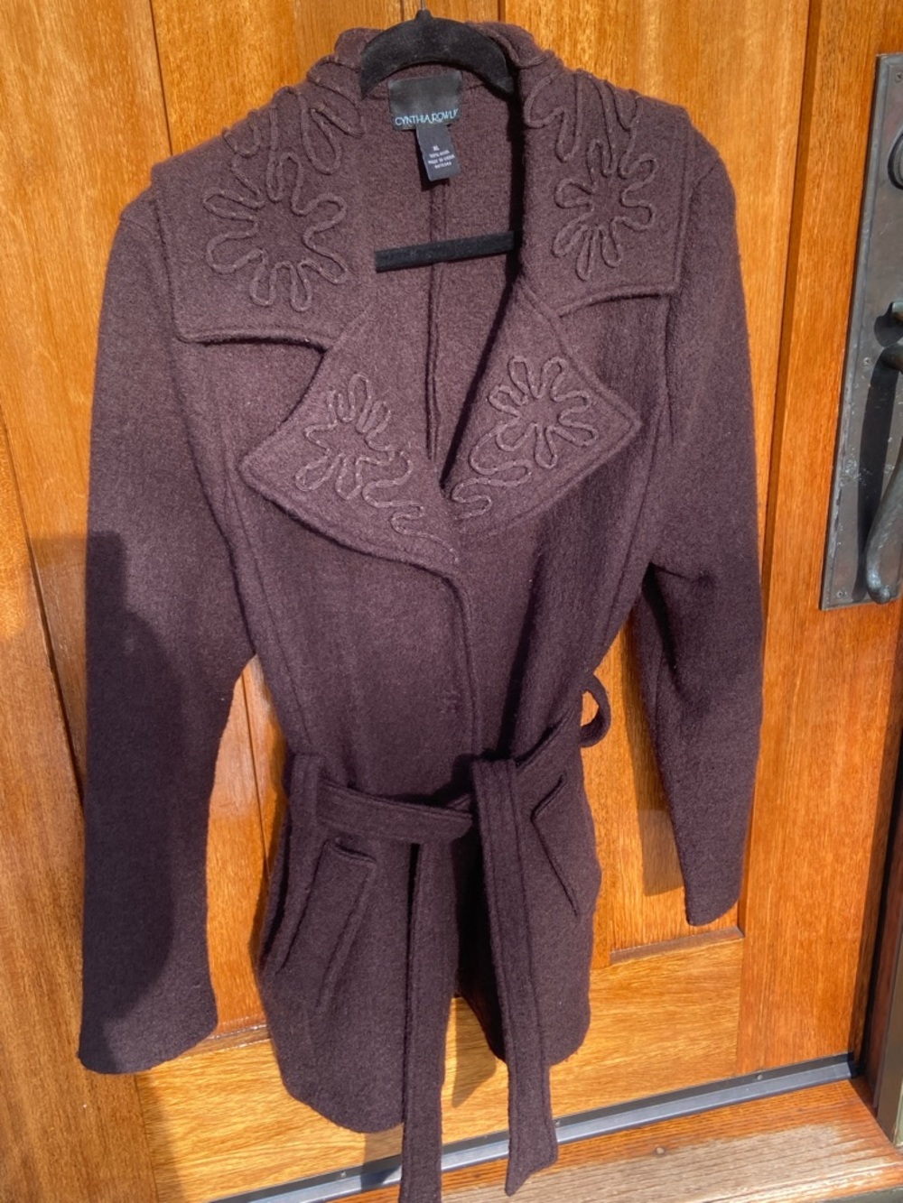 Cynthia Rowley Dark Brown Embroidered Wool-Blend Belted Cardigan